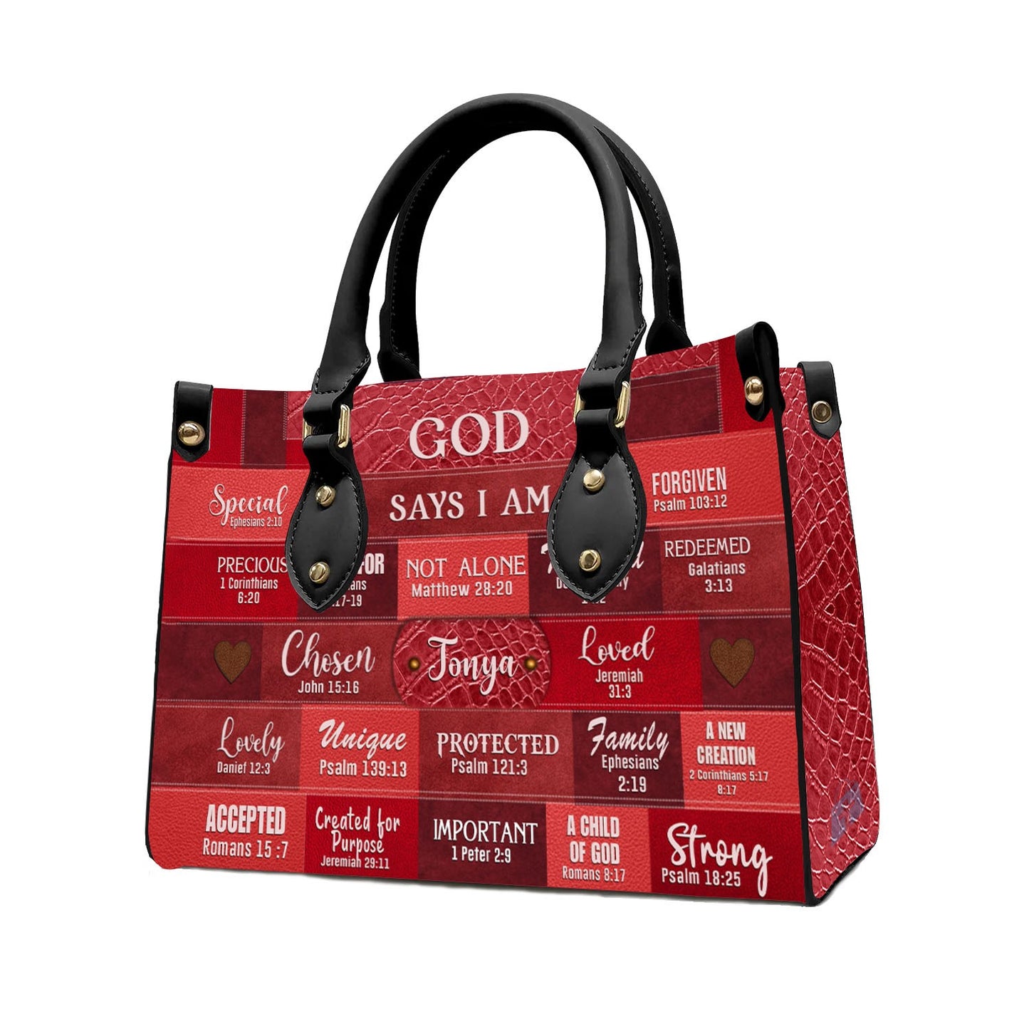 Inspirational Scripture Leather Handbag - Custom Name CHRISTIANARTBAG Tote - GOD Says I Am Red Leather Handbag.