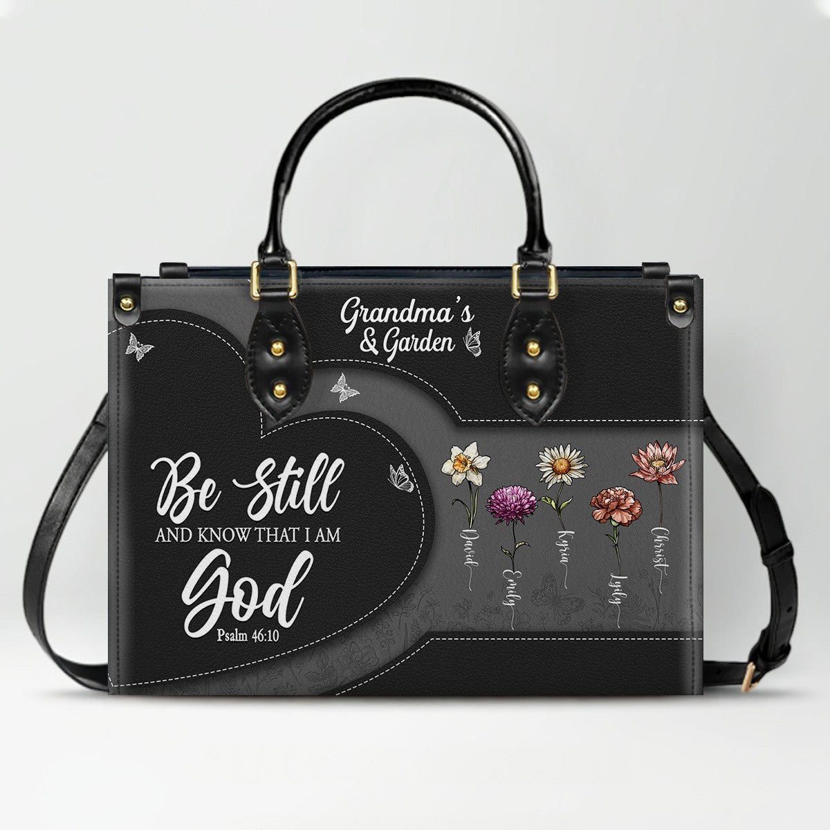 CHRISTIANARTBAG | Personalized Leather Handbag Tote | "Be Still & Know" Bible Verse Grandma's Garden | Custom Birth Month Flower Gift