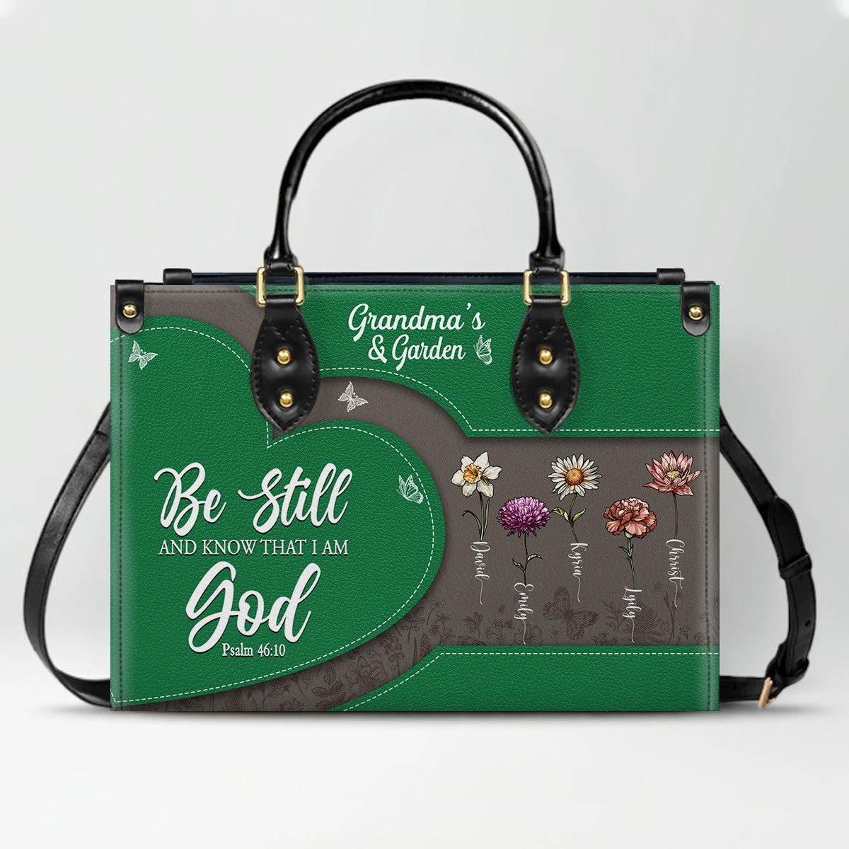 CHRISTIANARTBAG | Personalized Leather Handbag Tote | "Be Still & Know" Bible Verse Grandma's Garden | Custom Birth Month Flower Gift