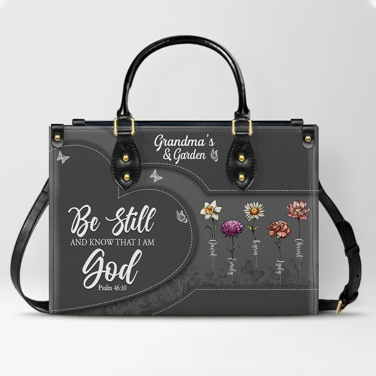 CHRISTIANARTBAG | Personalized Leather Handbag Tote | "Be Still & Know" Bible Verse Grandma's Garden | Custom Birth Month Flower Gift