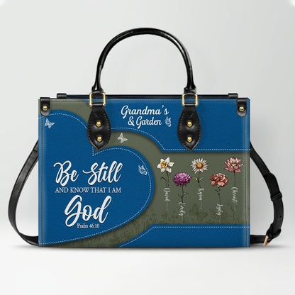 CHRISTIANARTBAG | Personalized Leather Handbag Tote | "Be Still & Know" Bible Verse Grandma's Garden | Custom Birth Month Flower Gift