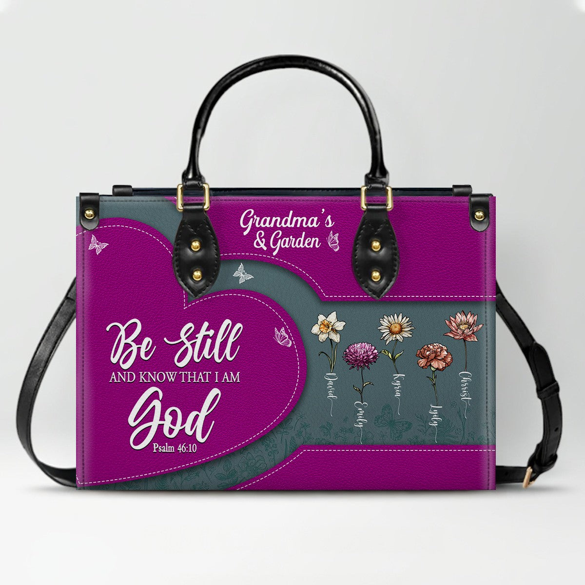 CHRISTIANARTBAG | Personalized Leather Handbag Tote | "Be Still & Know" Bible Verse Grandma's Garden | Custom Birth Month Flower Gift