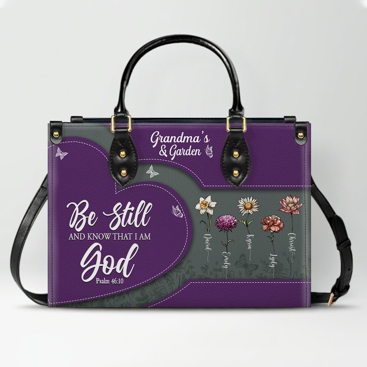 CHRISTIANARTBAG | Personalized Leather Handbag Tote | "Be Still & Know" Bible Verse Grandma's Garden | Custom Birth Month Flower Gift