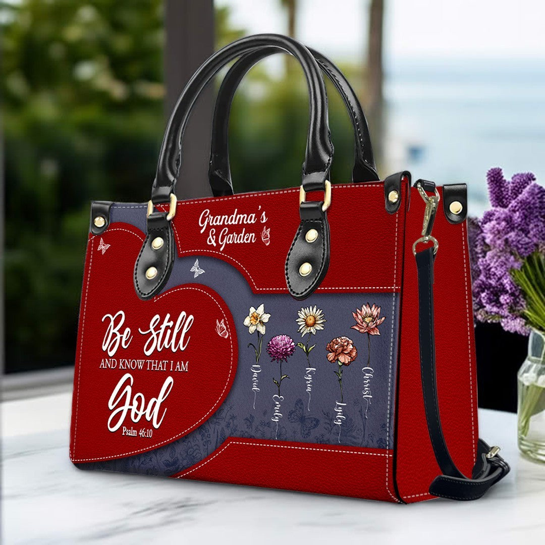 CHRISTIANARTBAG | Personalized Leather Handbag Tote | "Be Still & Know" Bible Verse Grandma's Garden | Custom Birth Month Flower Gift