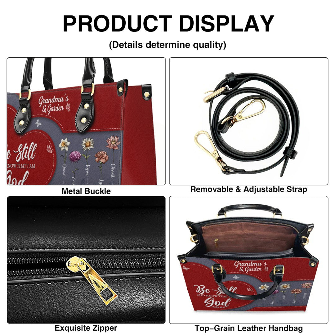 CHRISTIANARTBAG | Personalized Leather Handbag Tote | "Be Still & Know" Bible Verse Grandma's Garden | Custom Birth Month Flower Gift