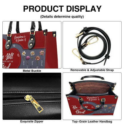 CHRISTIANARTBAG | Personalized Leather Handbag Tote | "Be Still & Know" Bible Verse Grandma's Garden | Custom Birth Month Flower Gift