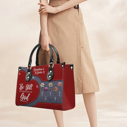 CHRISTIANARTBAG | Personalized Leather Handbag Tote | "Be Still & Know" Bible Verse Grandma's Garden | Custom Birth Month Flower Gift