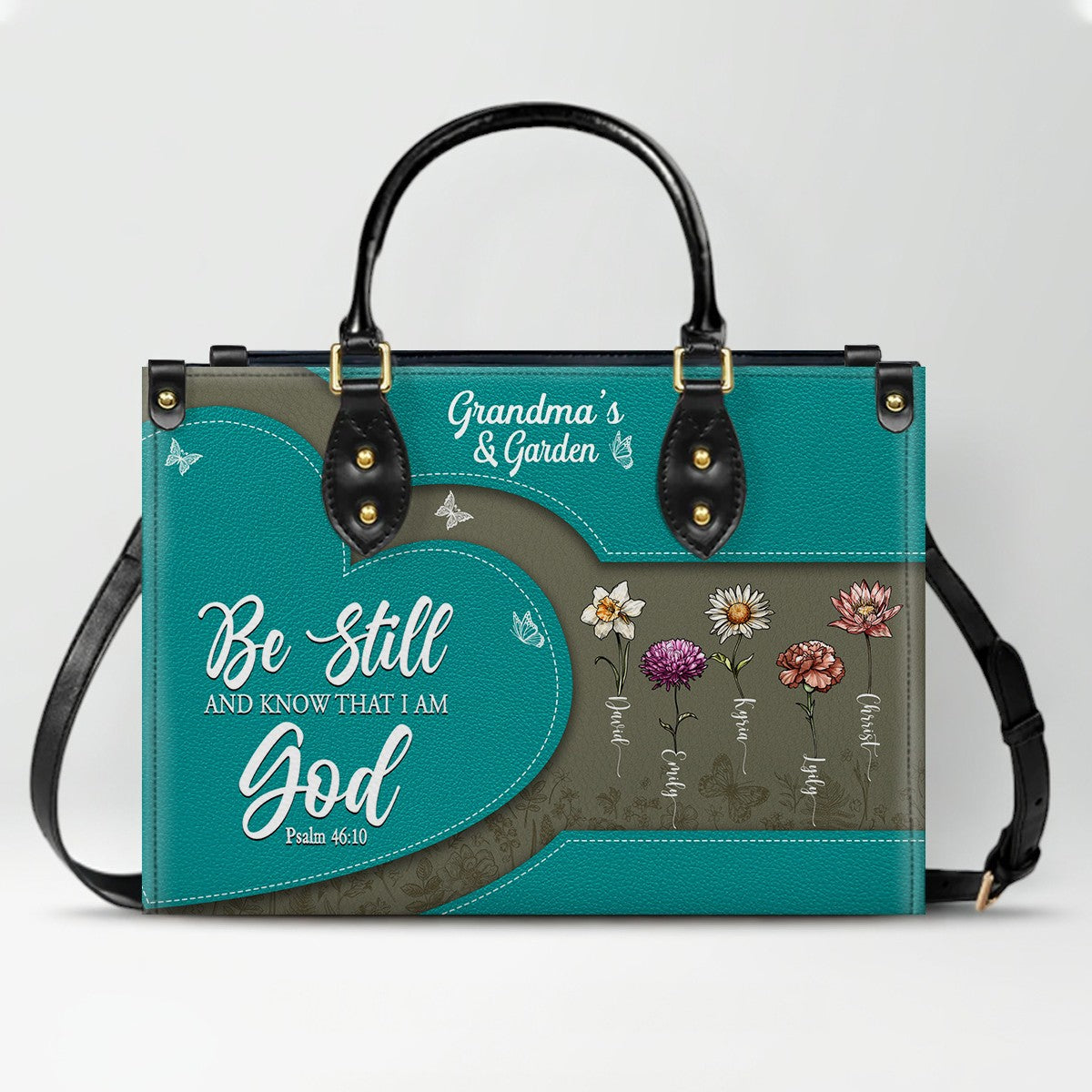CHRISTIANARTBAG | Personalized Leather Handbag Tote | "Be Still & Know" Bible Verse Grandma's Garden | Custom Birth Month Flower Gift