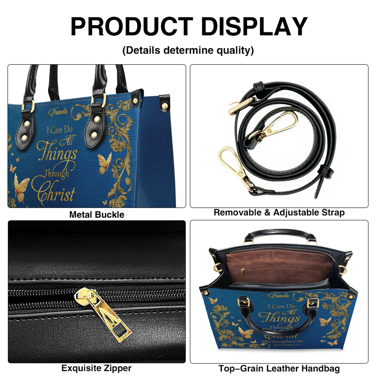 Personalized Christian Leather Handbag – Gold Navy Bible Verse Tote for Women | CHRISTIANARTBAG CAB01122525