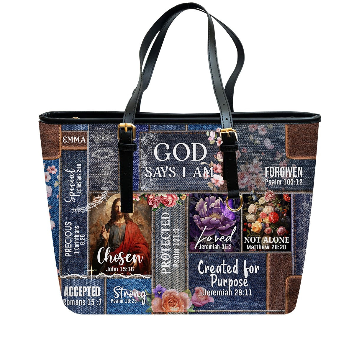 Personalized Christian Handbag | Leather Denim Floral Purse | GOD Says I Am | Custom Bible Bag by CHRISTIANARTBAG