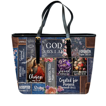Personalized Christian Handbag | Leather Denim Floral Purse | GOD Says I Am | Custom Bible Bag by CHRISTIANARTBAG