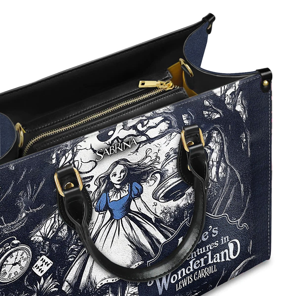 Personalized Leather Handbag – “Alice's Adventures in Wonderland Lewis Carroll” Book Cover Design | Custom Name | ChristianArtBag™