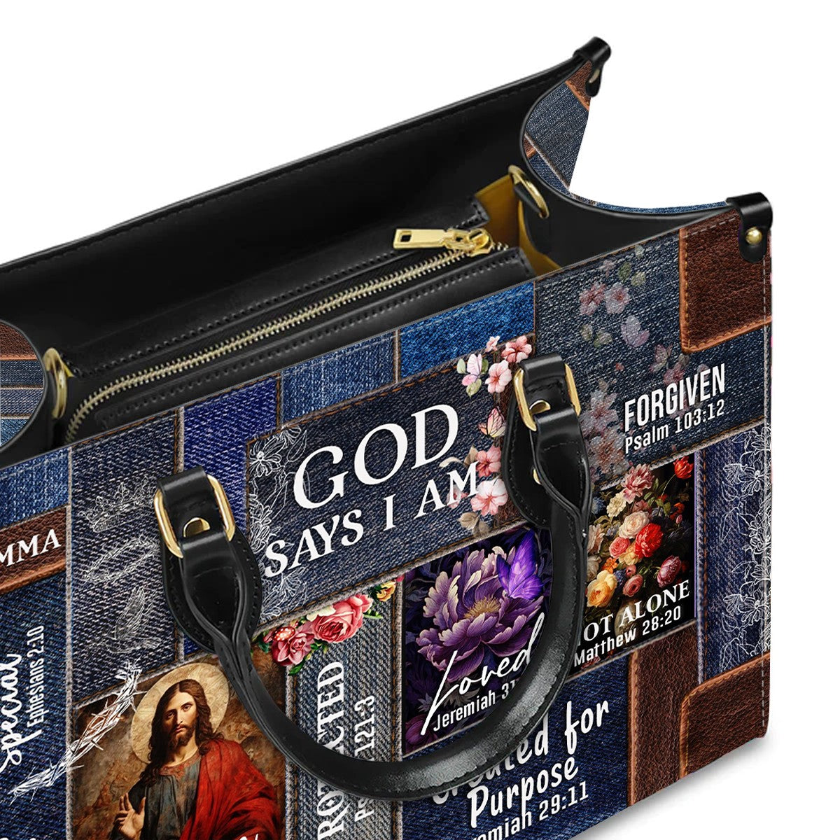 Personalized Christian Handbag | Leather Denim Floral Purse | GOD Says I Am | Custom Bible Bag by CHRISTIANARTBAG