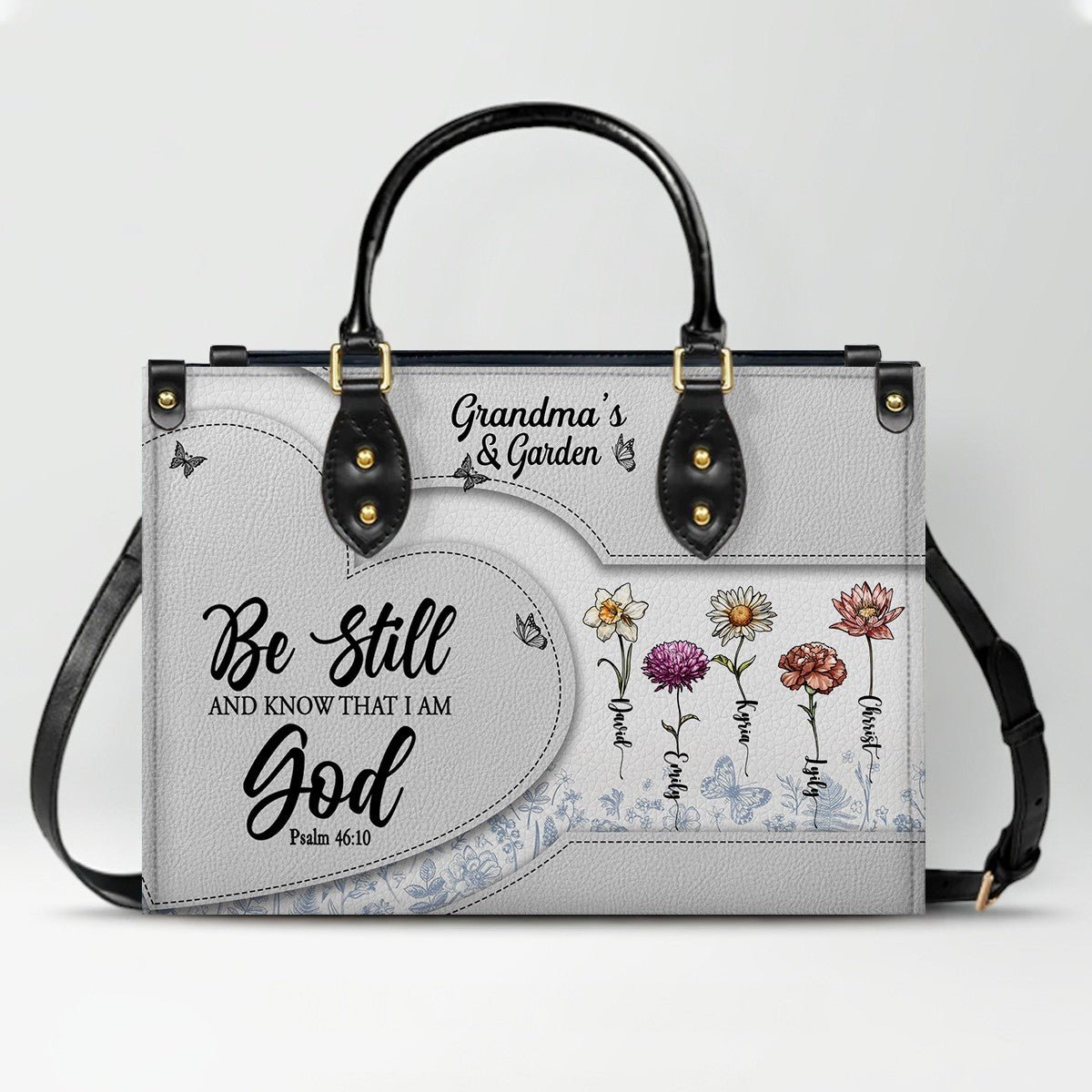 CHRISTIANARTBAG | Personalized Leather Handbag Tote | "Be Still & Know" Bible Verse Grandma's Garden | Custom Birth Month Flower Gift