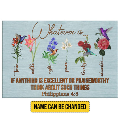 Vibrant Philippians 4:8 Customizable Canvas Wall Art - Spiritual Blooms and Hummingbird Decor