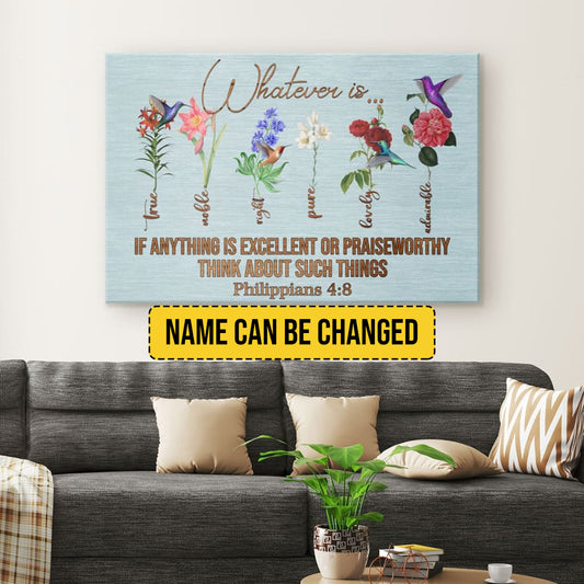 Vibrant Philippians 4:8 Customizable Canvas Wall Art - Spiritual Blooms and Hummingbird Decor