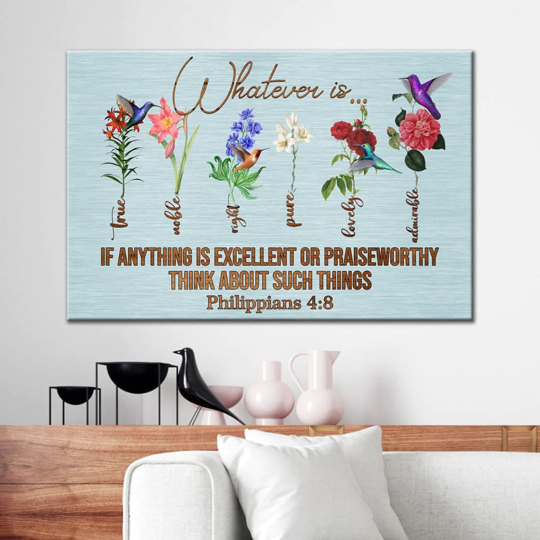 Vibrant Philippians 4:8 Customizable Canvas Wall Art - Spiritual Blooms and Hummingbird Decor