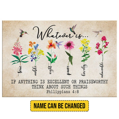 Blossoming Faith - Personalized Philippians 4:8 Floral & Hummingbird Canvas Wall Art by CHRISTIANARTBAG