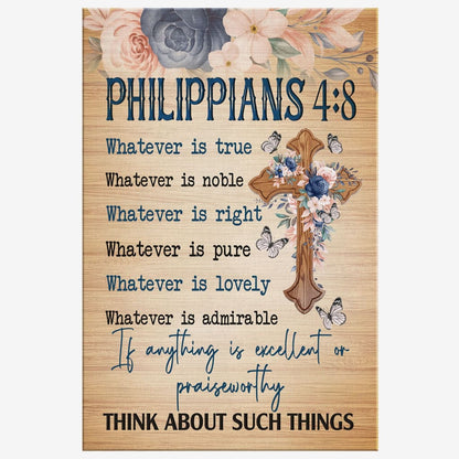 Customizable Philippians 4:8 Floral Cross Canvas Wall Art - Inspirational Scripture Home Decor