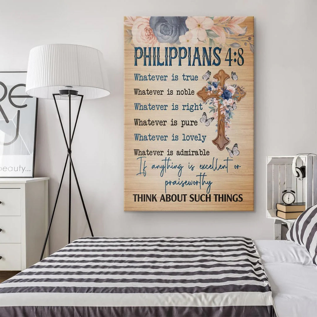 Customizable Philippians 4:8 Floral Cross Canvas Wall Art - Inspirational Scripture Home Decor