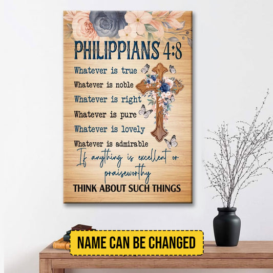 Customizable Philippians 4:8 Floral Cross Canvas Wall Art - Inspirational Scripture Home Decor