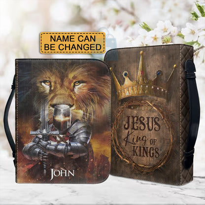 Christianartbag Bible Cover, Majestic Lion and Knight Bible Cover with 'Jesus King of Kings' Design - Name Customization Available, CAB01032324.