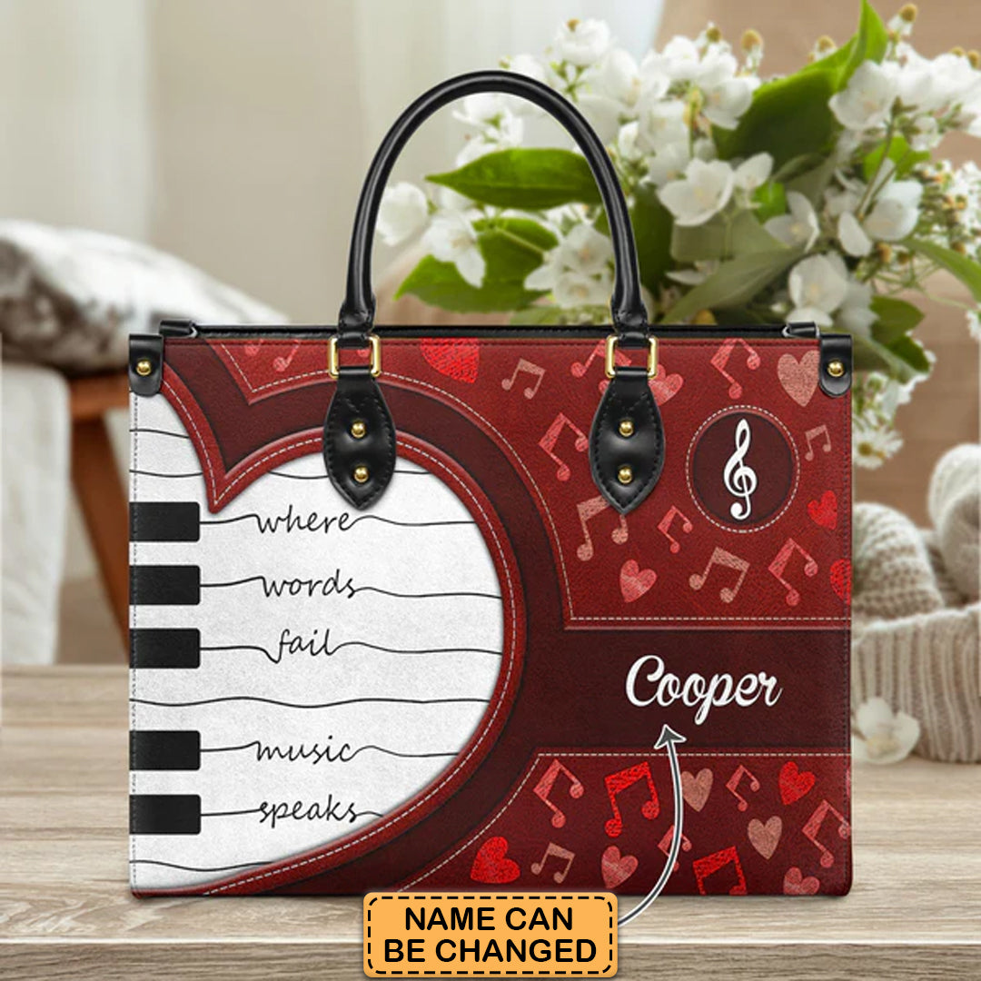 Christianartbag Teacher Bags, Custom Leather Handbags for Teachers, Gift For Teacher, Design Handbag, Where Words Fail Music Speaks Music Notes Handbag, CAB01281223. - Christian Art Bag