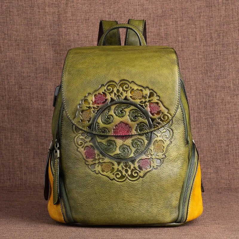 Christianartbag Handmade Leather Bag, Backpack Retro Genuine Leather Backpacks For Women New Handmade Embossed Vintage Bag China Style Backpack Ladies