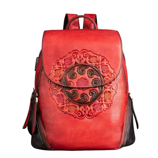 china handmade leather backpack Christianartbag Handmade Leather Bag, Backpack Retro Genuine Leather Backpacks For Women New Handmade Embossed Vintage Bag China Style Backpack Ladies