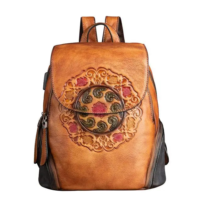 china handcrafted leather backpack Christianartbag Handmade Leather Bag, Backpack Retro Genuine Leather Backpacks For Women New Handmade Embossed Vintage Bag China Style Backpack Ladies