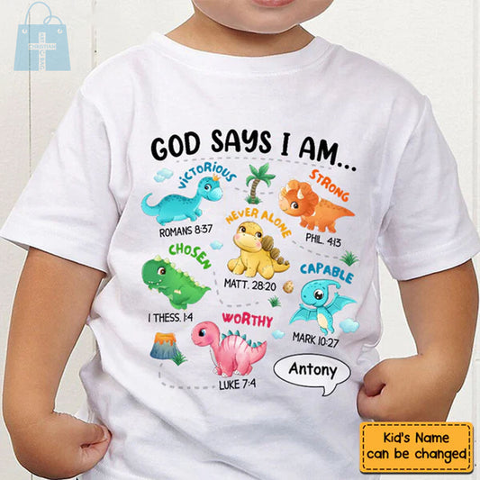 Christianartbag T-shirt, Dinosaur God Say I Am Kid T-Shirt, Children's Printed T-Shirts, CABTK01090923. - Christian Art Bag