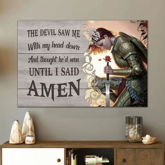Christianartbag Home Decor, The Devil Saw Me With My Head Down Warrior Of Christ Wall Art Canvas - Religious Wall Decor, CAB12270224.