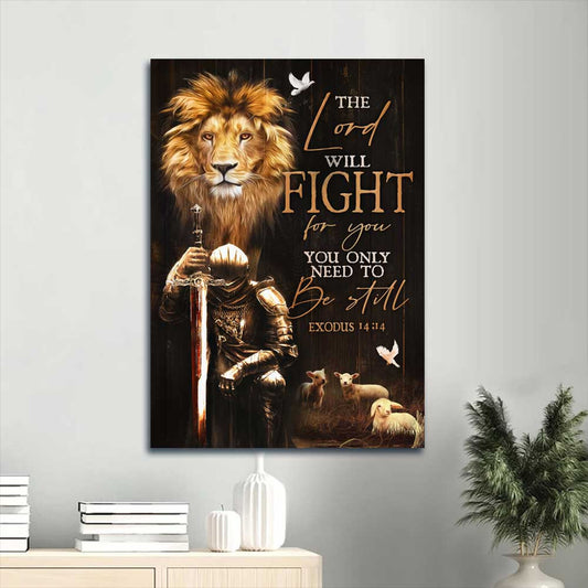 Courageous Guardian Lion & Knight Canvas Print - CHRISTIANARTBAG | Biblical Valor and Serenity Wall Art