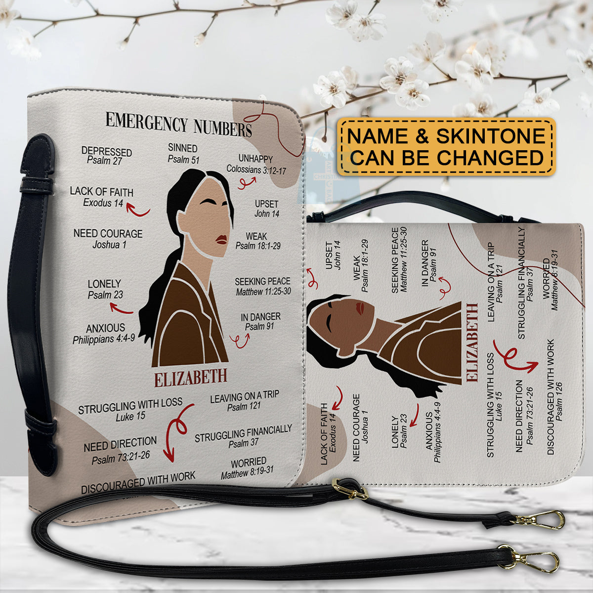 CHRISTIANARTBAG Bible Cover – "Emergency Numbers" Scripture Guide Design with Customizable Name, Skin Tone, and Hair Color | Spiritual Comfort and Guidance for Life's Challenges - CAB0130924