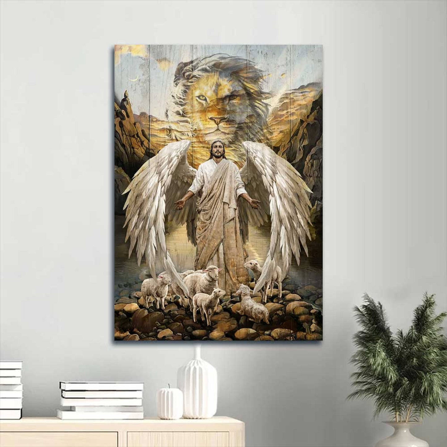 Divine Guardian Angel & Lion Canvas Art - CHRISTIANARTBAG | Seraphic Savior with Lambs Wall Decor