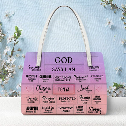 Personalized Christian Handbag – God Says I Am Leather Tote with Custom Name & Color | CHRISTIANARTBAG