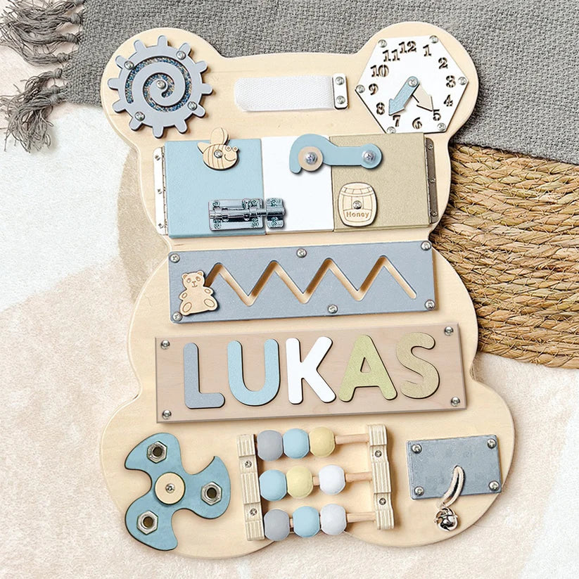 Christianartbag Educational Toys, Custom Engraved Montessori Busy Board - Personalized Wooden Educational Toy for Toddlers - Personalized Bear Busy Board, CABTK02270224.