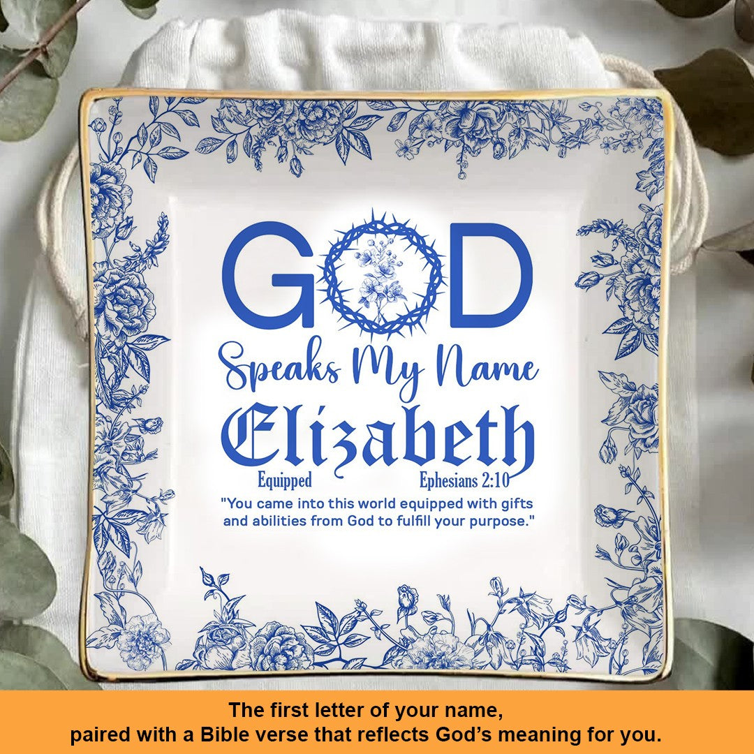 Personalized Jewelry Dish – Birth Month Flower & God Speaks My Name with Bible Verse Gift