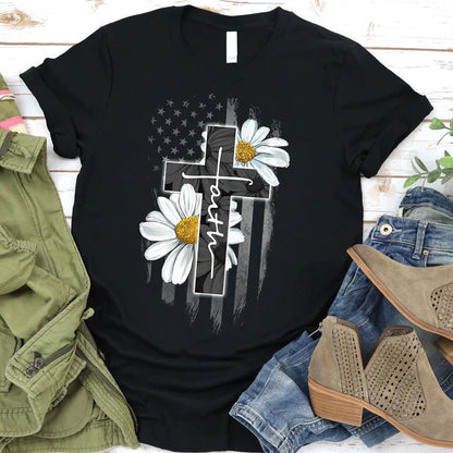 CHRISTIANARTBAG T-Shirt - Faith Flag Daisy T-Shirt - Bible Verse Shirt - Scripture Shirt For Women - CABTS01310524