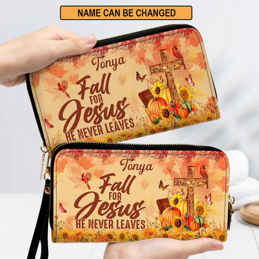 Christianartbag Clutch Purse, Fall For Jesus He Never Leaves Butterfly & Sunflower Clutch Purse For Women, Personalized Name, Christian Gifts For Women, CAB14091223. - Christian Art Bag