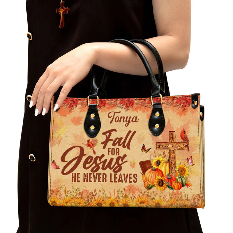 Christianartbag Handbags, Fall For Jesus He Never Leaves Cardinal & Sunflower Leather Bags, Personalized Bags, Gifts for Women, Christmas Gift, CABLTB01300723. - Christian Art Bag