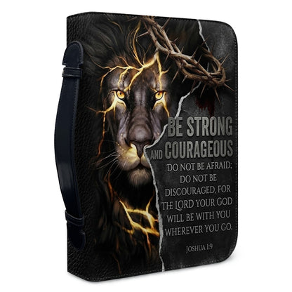 Personalized Lion Bible Cover with Name - Be Strong and Courageous Custom Leather Bible Carrying Bag Case for Men - CHRISTIANARTBAG 01081826
