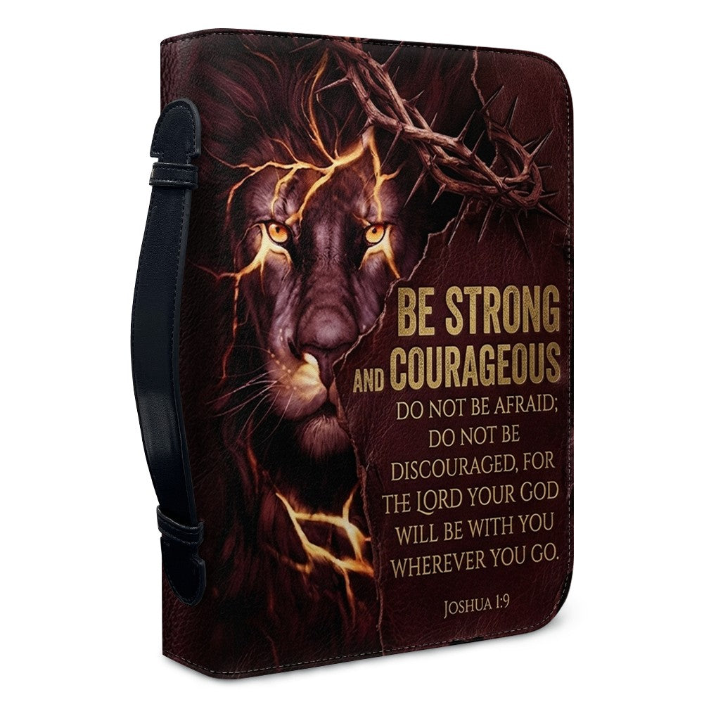 Personalized Lion Bible Cover with Name - Be Strong and Courageous Custom Leather Bible Carrying Bag Case for Men - CHRISTIANARTBAG 01081826