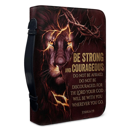 Personalized Lion Bible Cover with Name - Be Strong and Courageous Custom Leather Bible Carrying Bag Case for Men - CHRISTIANARTBAG 01081826
