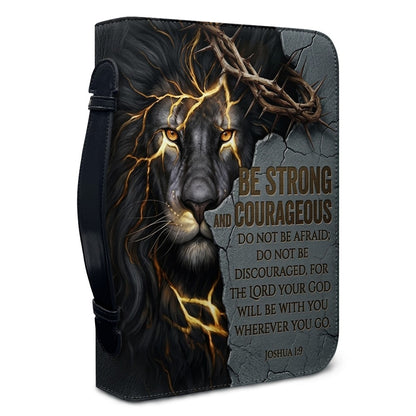 Personalized Lion Bible Cover with Name - Be Strong and Courageous Custom Leather Bible Carrying Bag Case for Men - CHRISTIANARTBAG 01081826