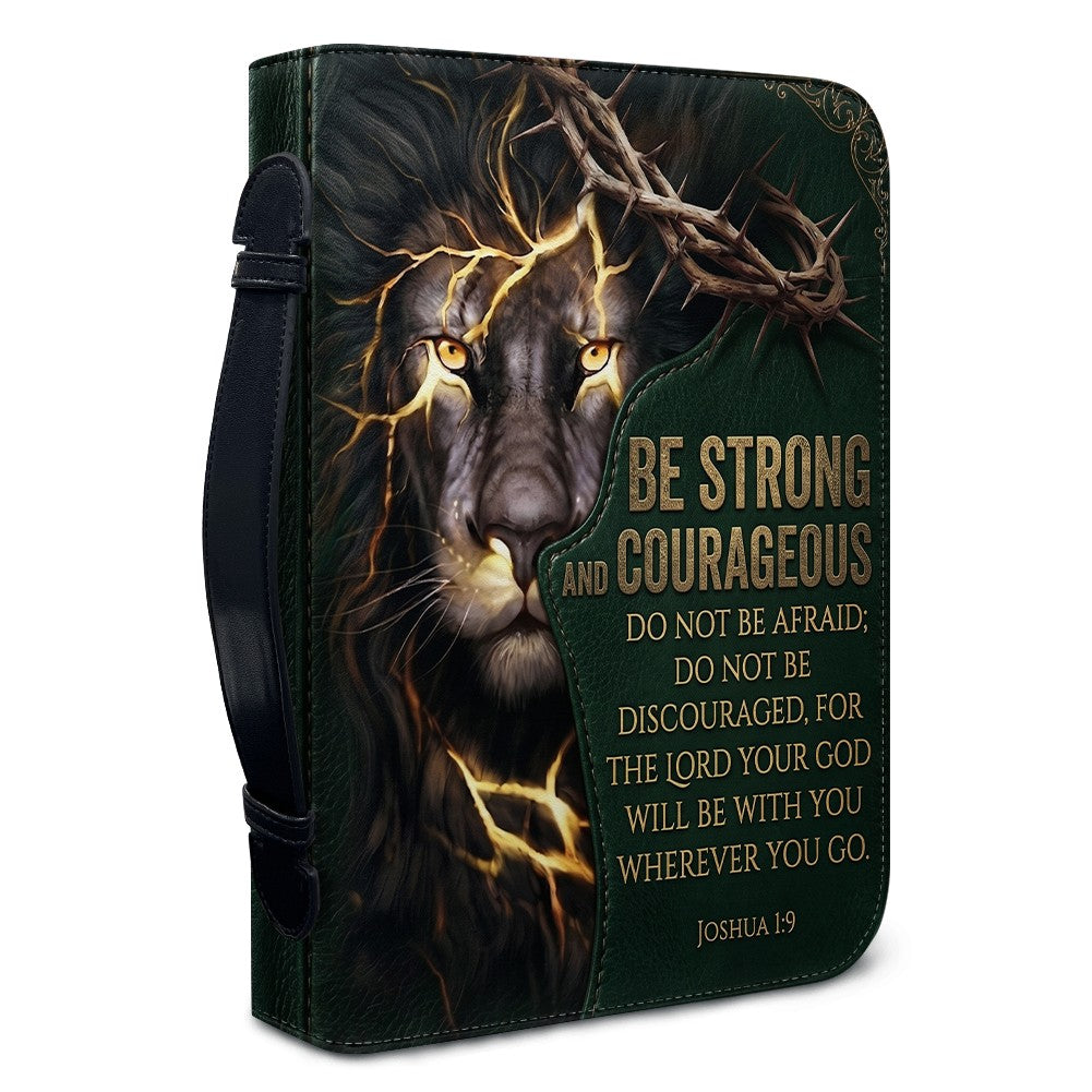 Personalized Lion Bible Cover with Name - Be Strong and Courageous Custom Leather Bible Carrying Bag Case for Men - CHRISTIANARTBAG 01081826