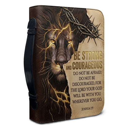 Personalized Lion Bible Cover with Name - Be Strong and Courageous Custom Leather Bible Carrying Bag Case for Men - CHRISTIANARTBAG 01081826