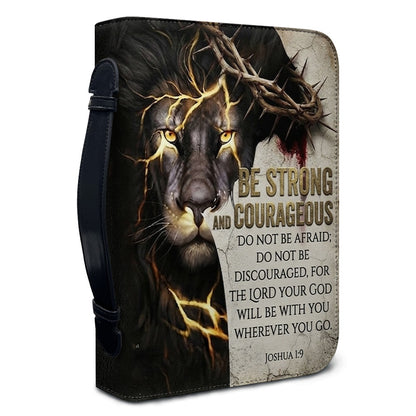 Personalized Lion Bible Cover with Name - Be Strong and Courageous Custom Leather Bible Carrying Bag Case for Men - CHRISTIANARTBAG 01081826