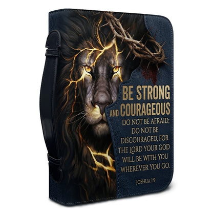 Personalized Lion Bible Cover with Name - Be Strong and Courageous Custom Leather Bible Carrying Bag Case for Men - CHRISTIANARTBAG 01081826