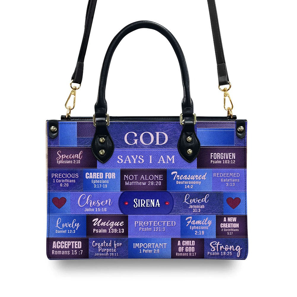 Customizable Luxury Leather Handbag - Personalized Elegance by CHRISTIANARTBAG - GOD Says I Am Blue Leather Handbag.
